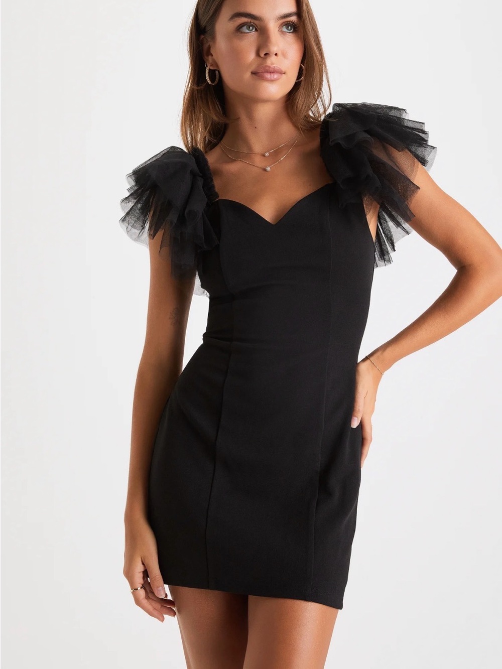 Seriously Fabulous Black Tulle Flutter Sleeve Bodycon Mini Dress